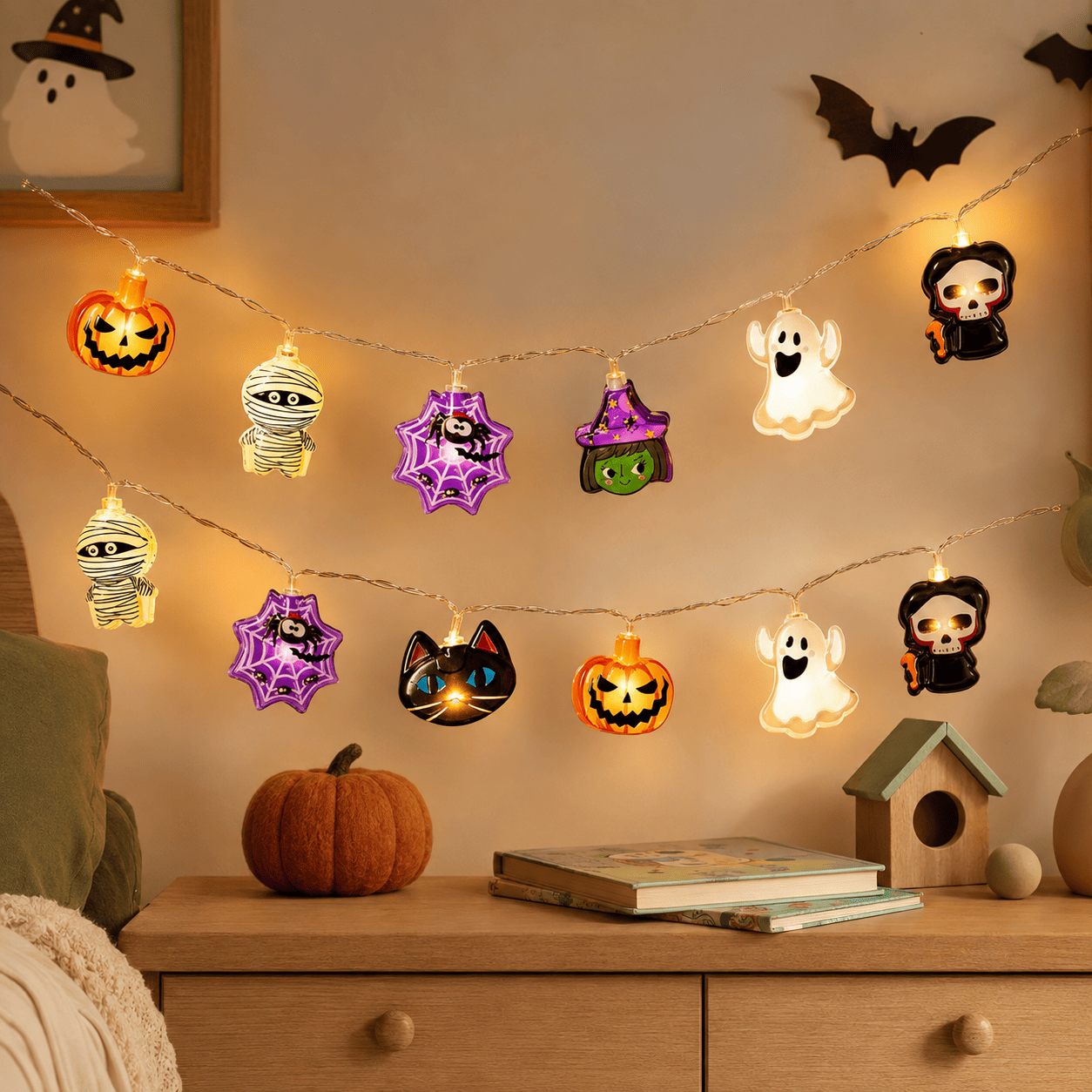 Guirlande lumineuse Monstres d’Halloween dans une chambre d’enfant