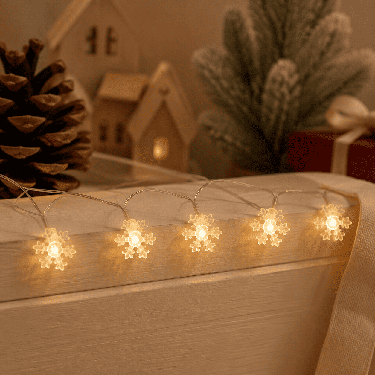 Guirlande de Noël flocons de neige blanche sur un meuble de salon 