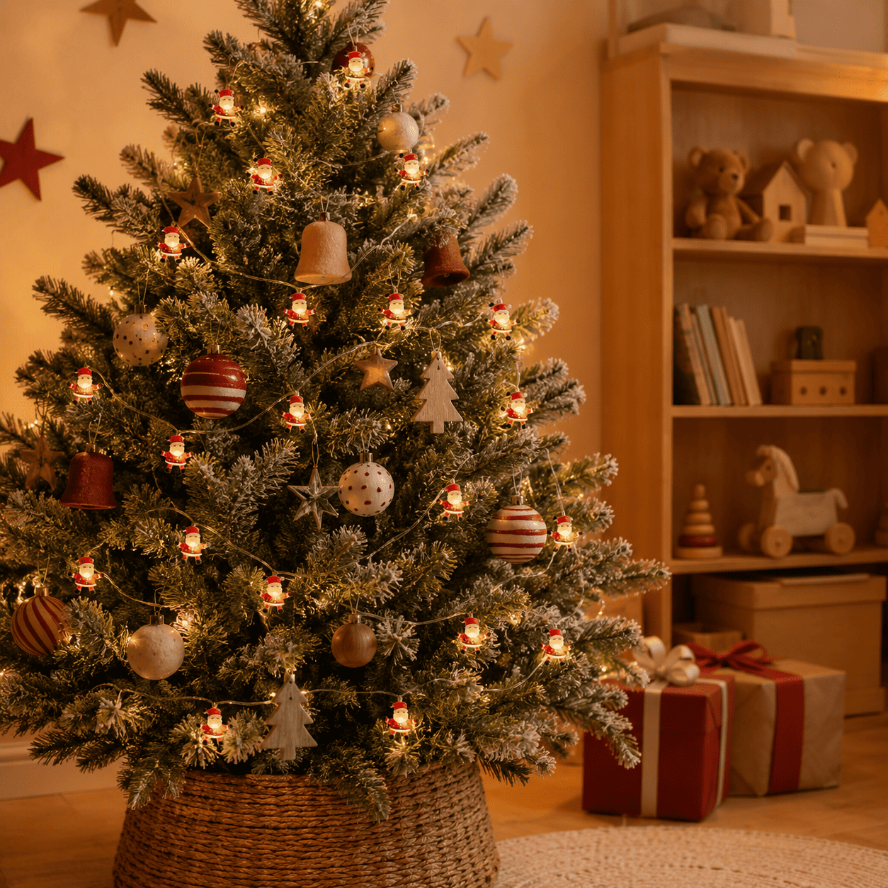 Guirlande lumineuse Père Noël vue de loin dans un salon accroché à un sapin 