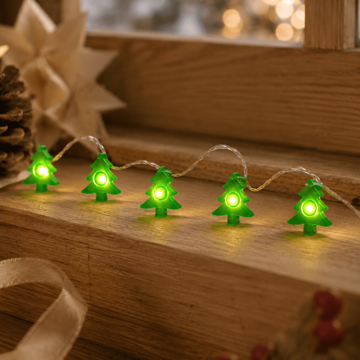 Guirlande lumineuse sapins de Noël sur le bord d'une fenêtre en bois 