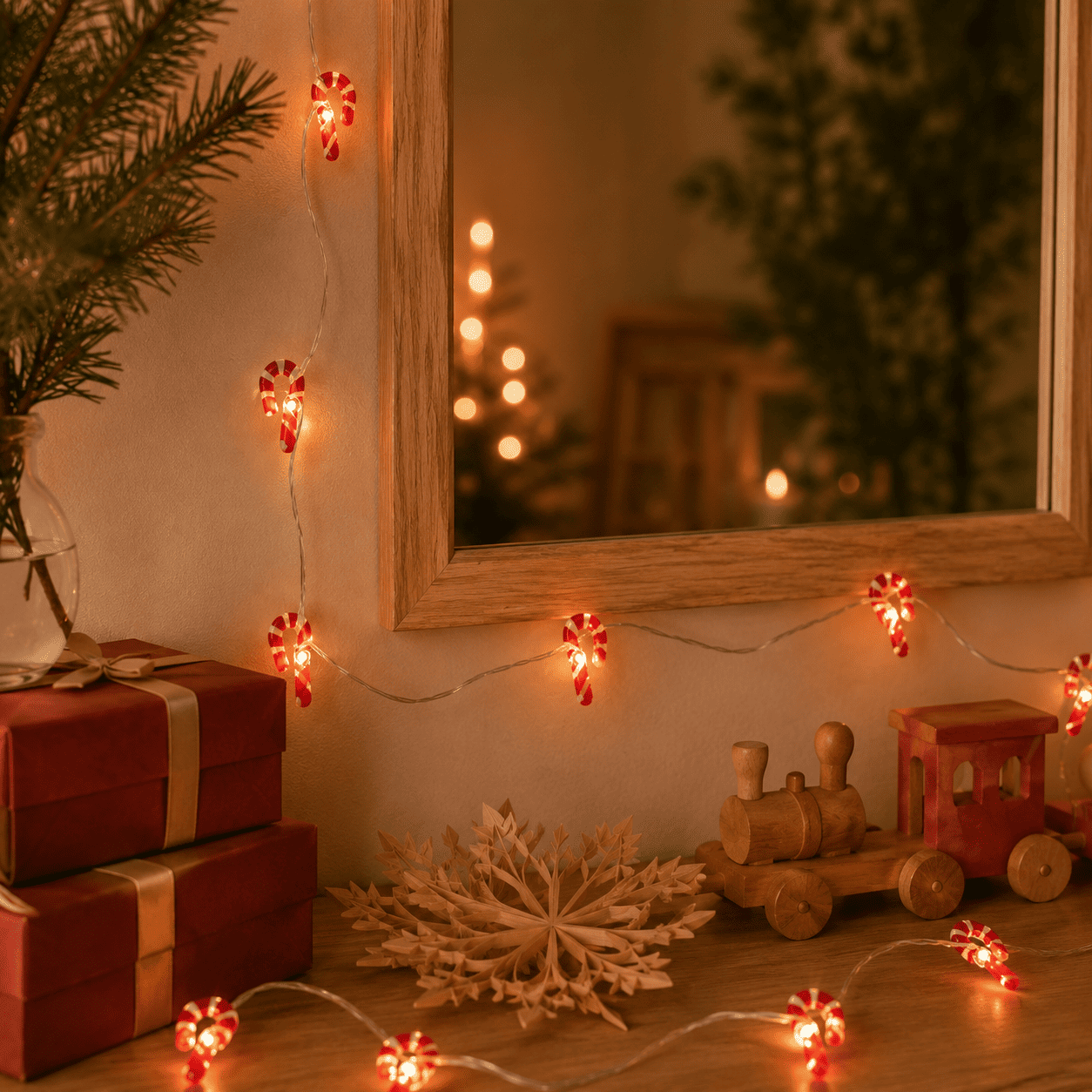 Guirlande de Noël lumineuse sucres d'orge rouge et blanc qui décore un coin du salon 