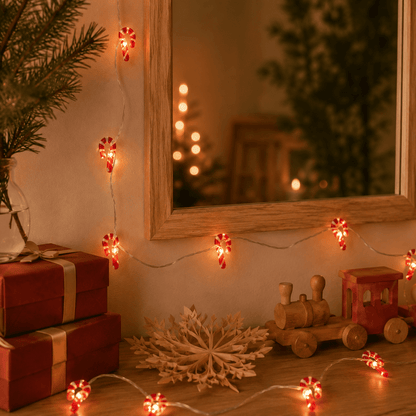 Guirlande de Noël lumineuse sucres d'orge rouge et blanc qui décore un coin du salon 