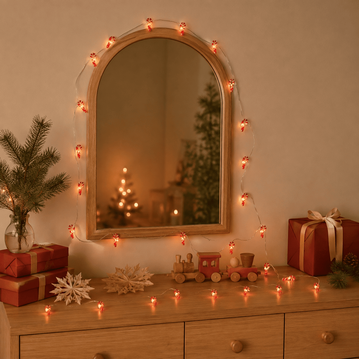Guirlande de Noël sucres d'orge accroché autour du miroir du salon 