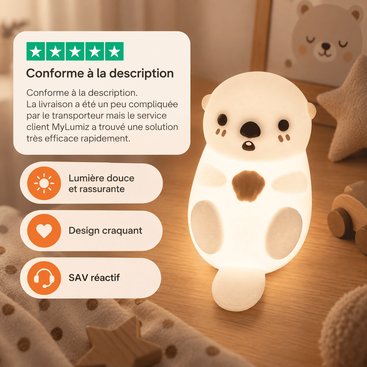 La loutre veilleuse avec un avis client et des informations sur le produit