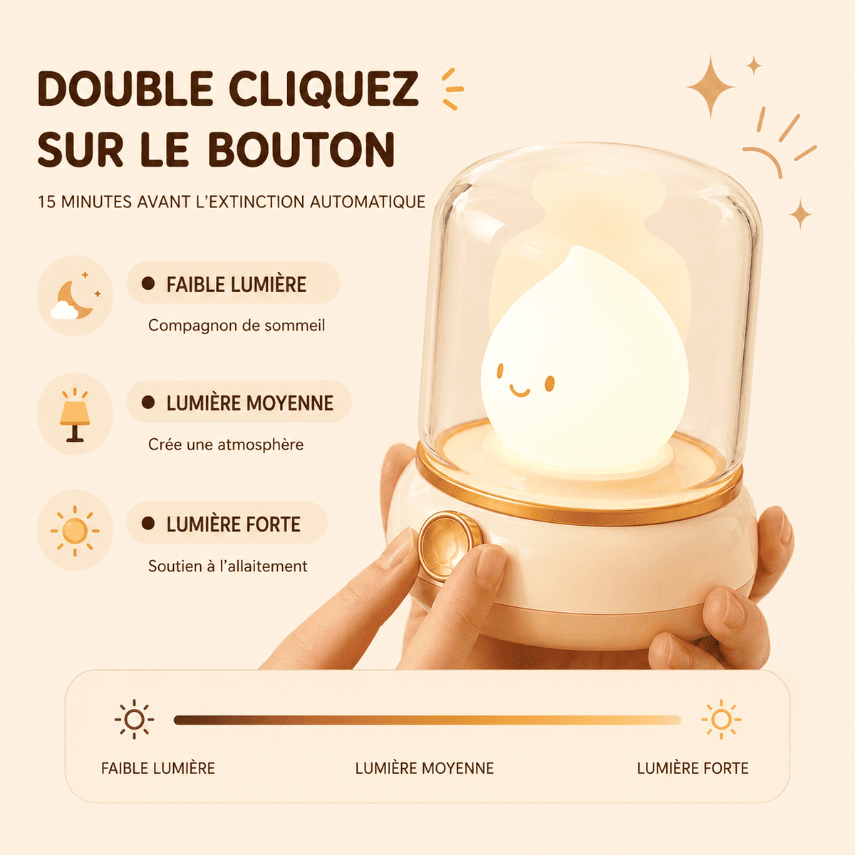Lampe veilleuse enfant beige, présentation du bouton et des différentes intensités - mylumiz.com