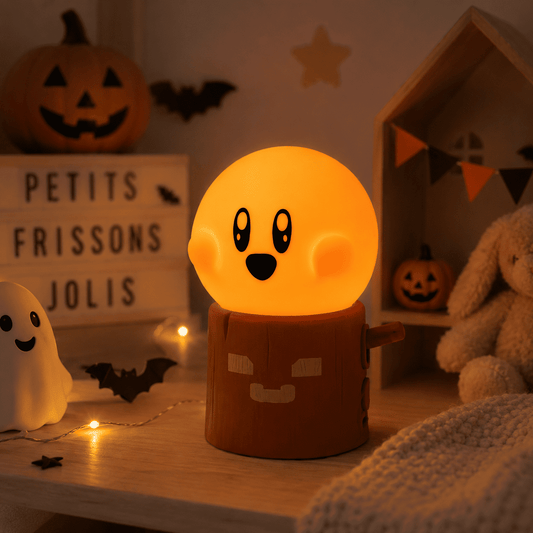 lampe veilleuse fantôme allumée sur un meuble d'enfant dans une chambre