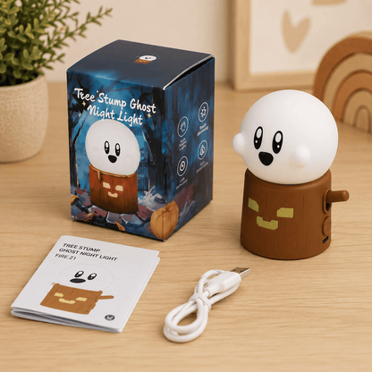 lampe veilleuse fantome éteinte avec sa boîte, notice d'utilisation et câble USB 