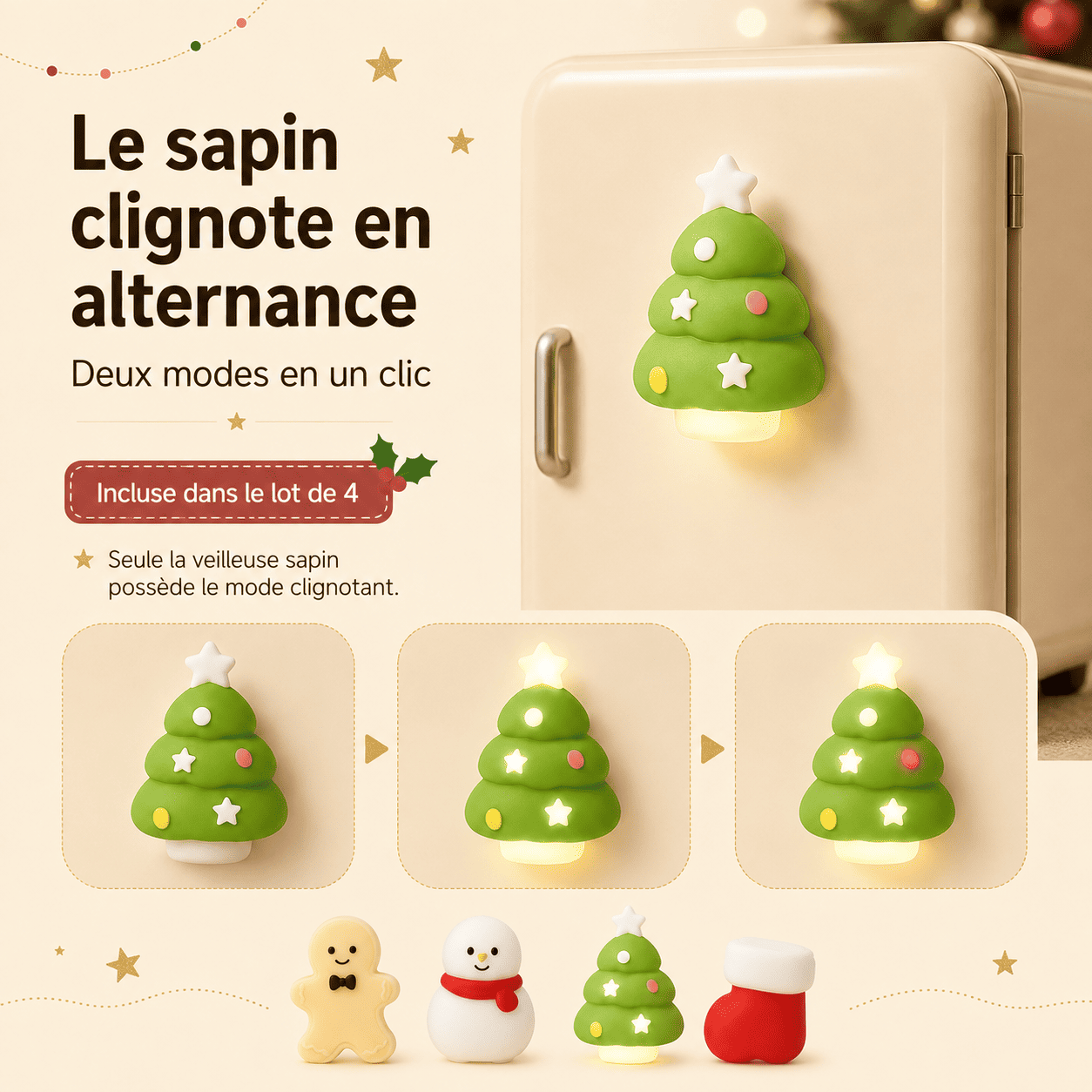 Veilleuse sapin avec mode clignotant incluse dans le lot de quatre