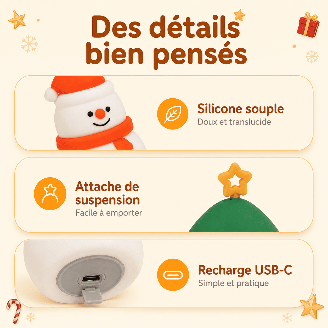 Détails des mini veilleuses de Noël en silicone avec attache et recharge USB-C