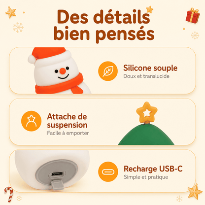 Détails des mini veilleuses de Noël en silicone avec attache et recharge USB-C