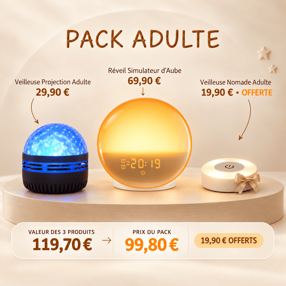 Pack Adulte MyLumiz avec réveil simulateur d’aube, veilleuse projection et veilleuse nomade offerte à 99,80 € au lieu de 119,70 €.