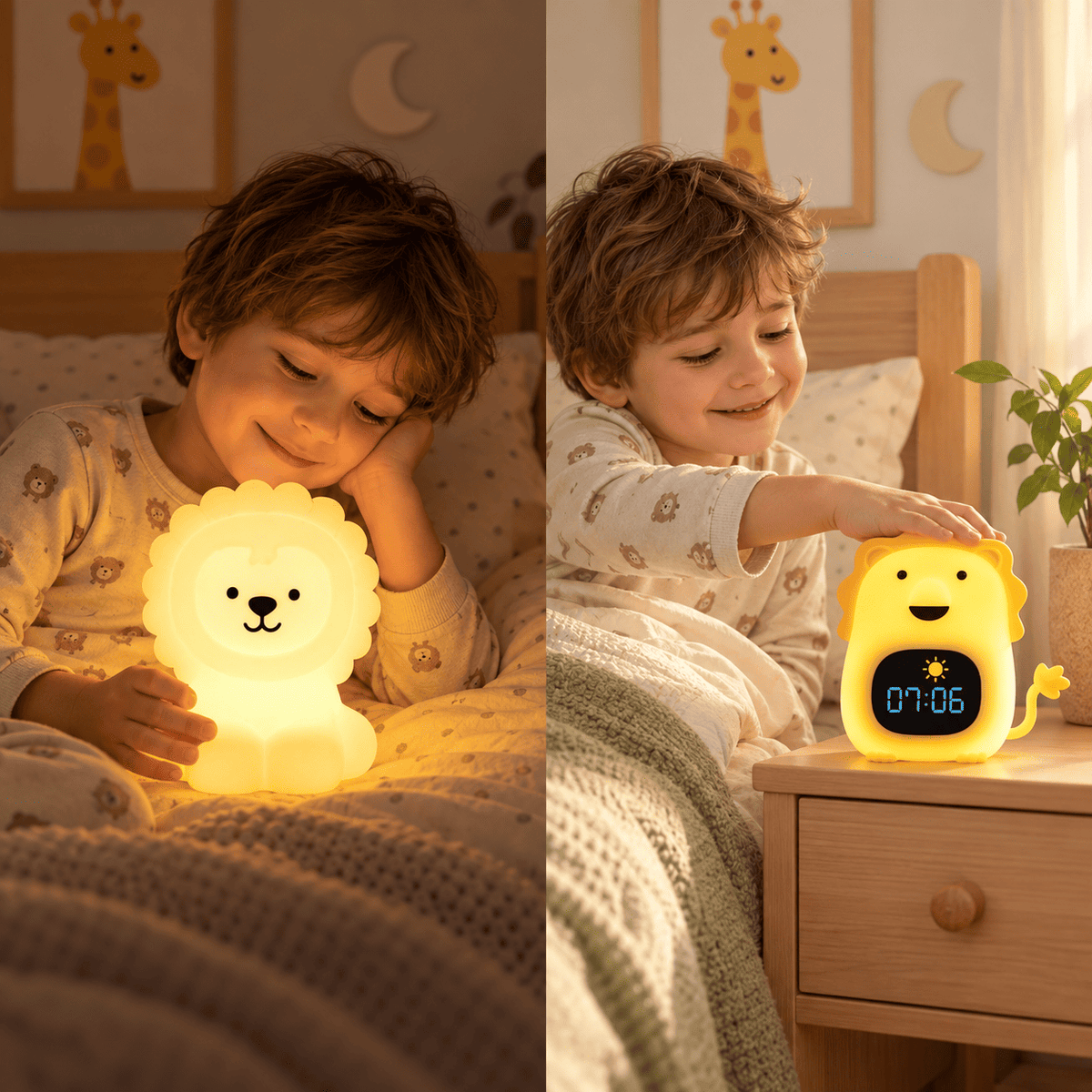 Enfant utilisant la veilleuse Roi Lion le soir et éteignant le réveil Lion le matin