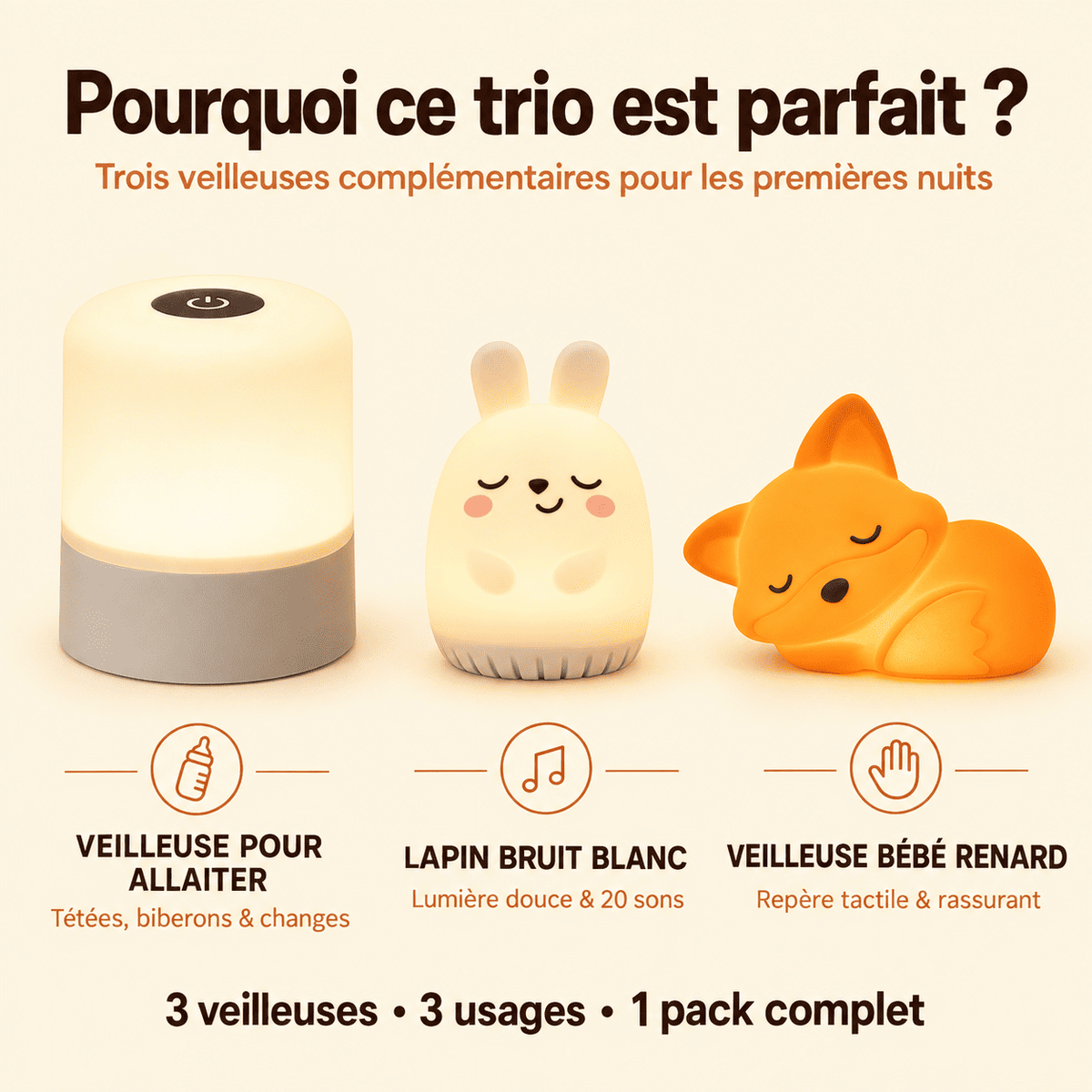Pack Naissance avec veilleuse pour allaiter, lapin bruit blanc et veilleuse bébé renard