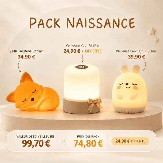 Pack Naissance MyLumiz avec veilleuse bébé renard, veilleuse pour allaiter offerte et lapin bruit blanc
