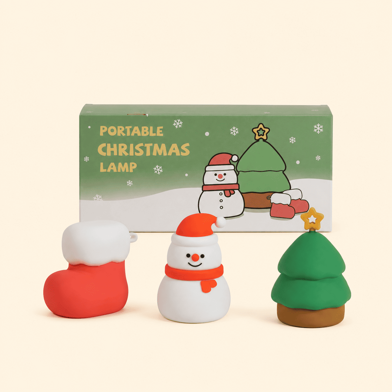 Coffret trio de mini veilleuses de Noël avec bonhomme de neige, sapin et chaussette