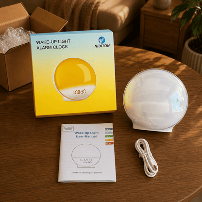 Réveil simulateur d'aube avec sa boîte, sa notice et son chargeur fournis