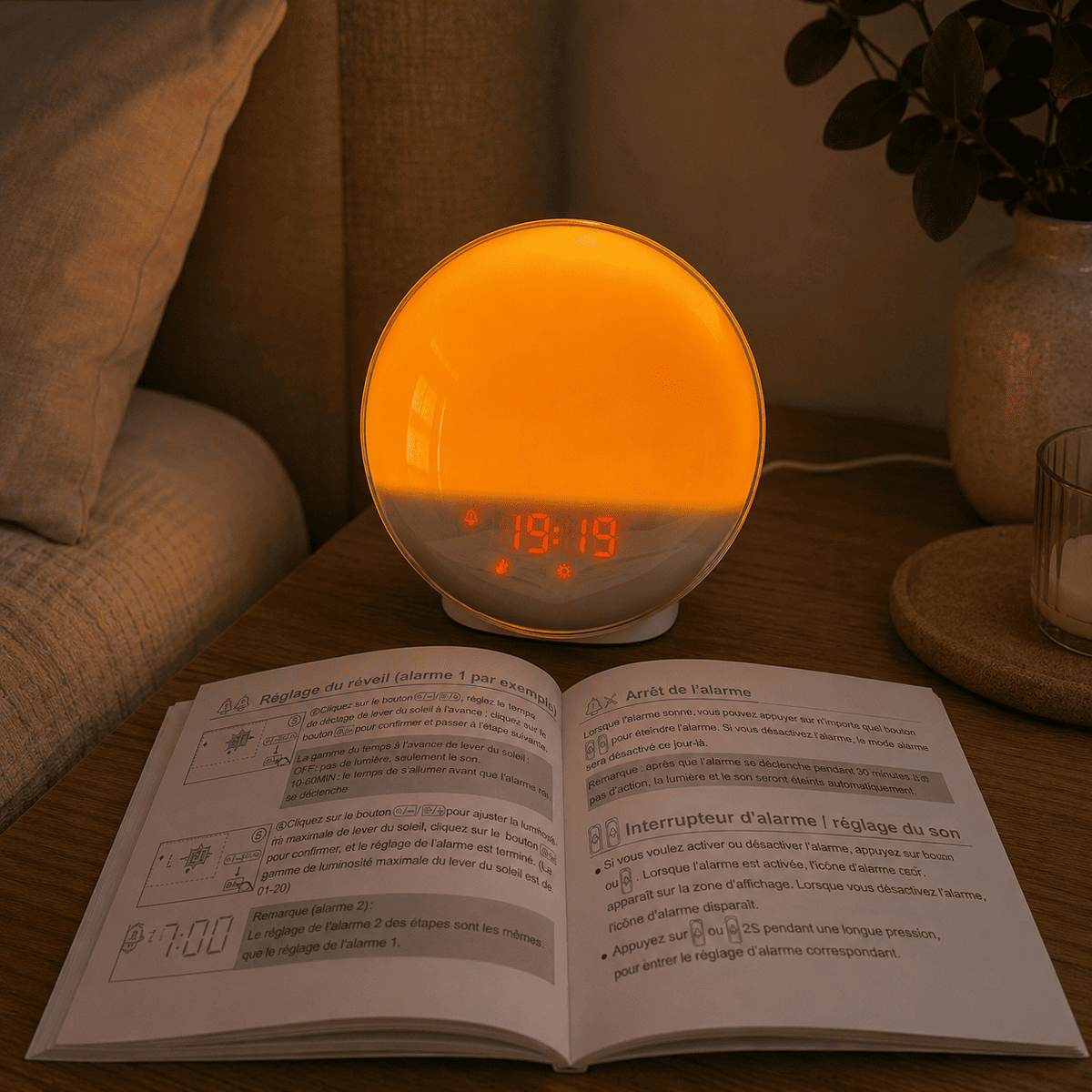 Réveil simulateur d'aube allumée sur une table de chevet avec sa notice d'utilisation