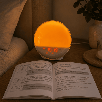 Réveil simulateur d'aube allumée sur une table de chevet avec sa notice d'utilisation