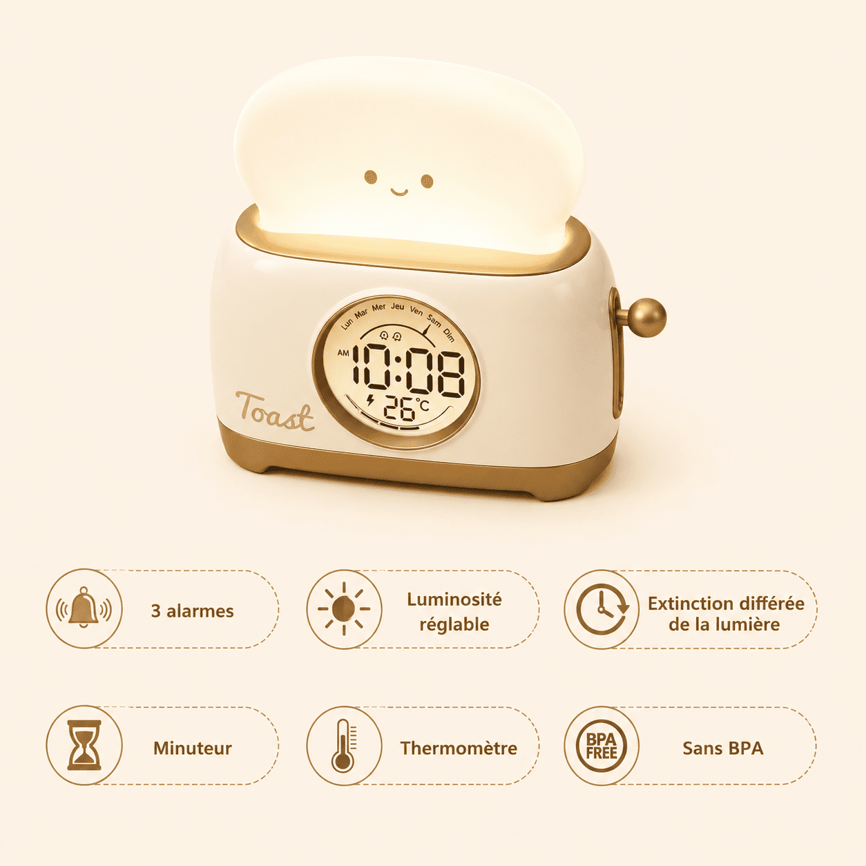 Réveil villeuse toaster minuteur, luminosités réglable - mylumiz.com