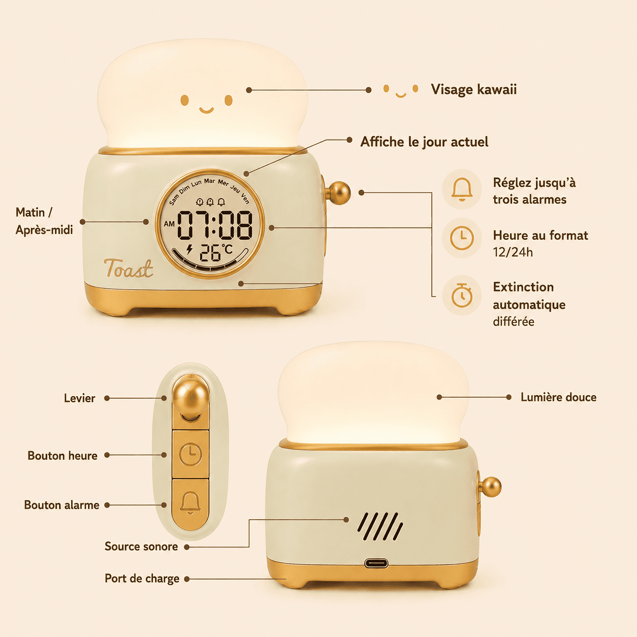 Réveil veilleuse toaster explication des différents boutons - mylumiz.com