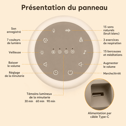 Veilleuse bébé bruit blanc présentation des commandes et alimentation type-c - mylumiz.com