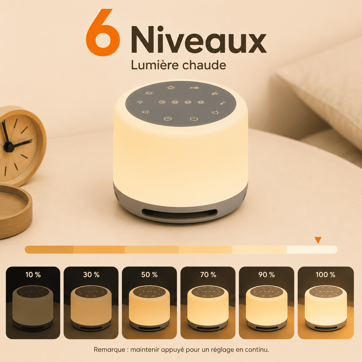 6 niveaux de lumières chaude, veilleuse bébé bruit blanc - mylumiz.com