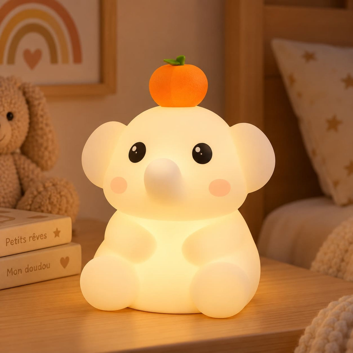 Veilleuse bébé éléphant dans une chambre avec une lumière chaude