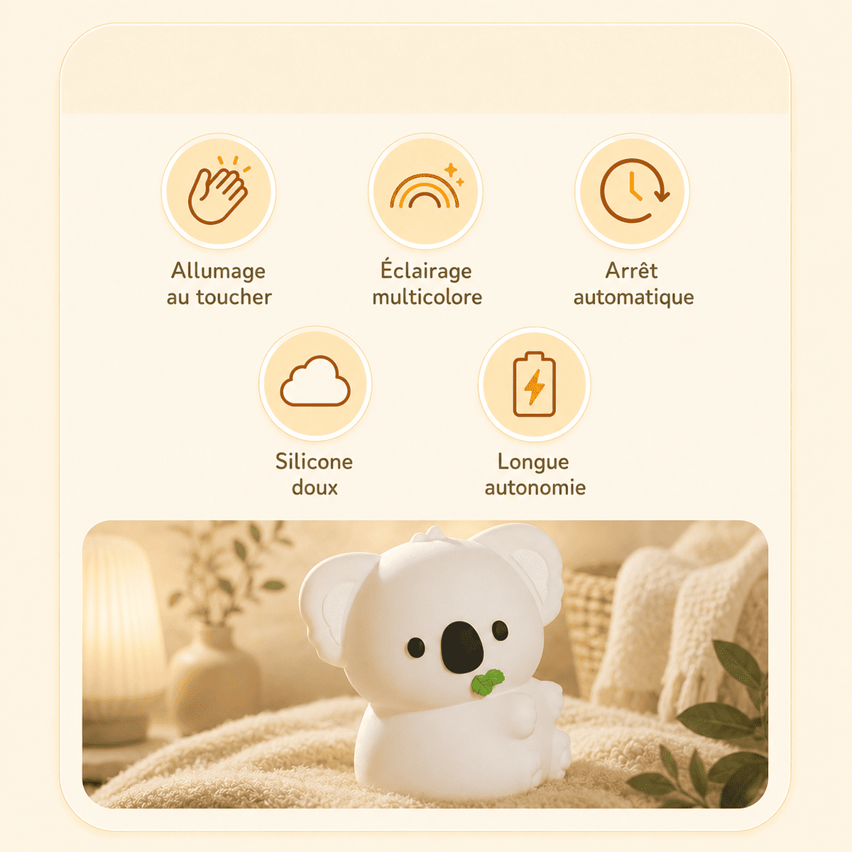 Veilleuse bébé koala avec fonctionnalités tel que silicone doux, allumage tactile, éclairage multicolore - mylumiz.com