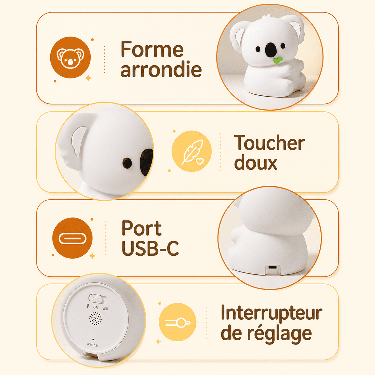 Veilleuse bébé koala avec interrupteur réglable, port USB-C, forme arrondie - mylumiz.com