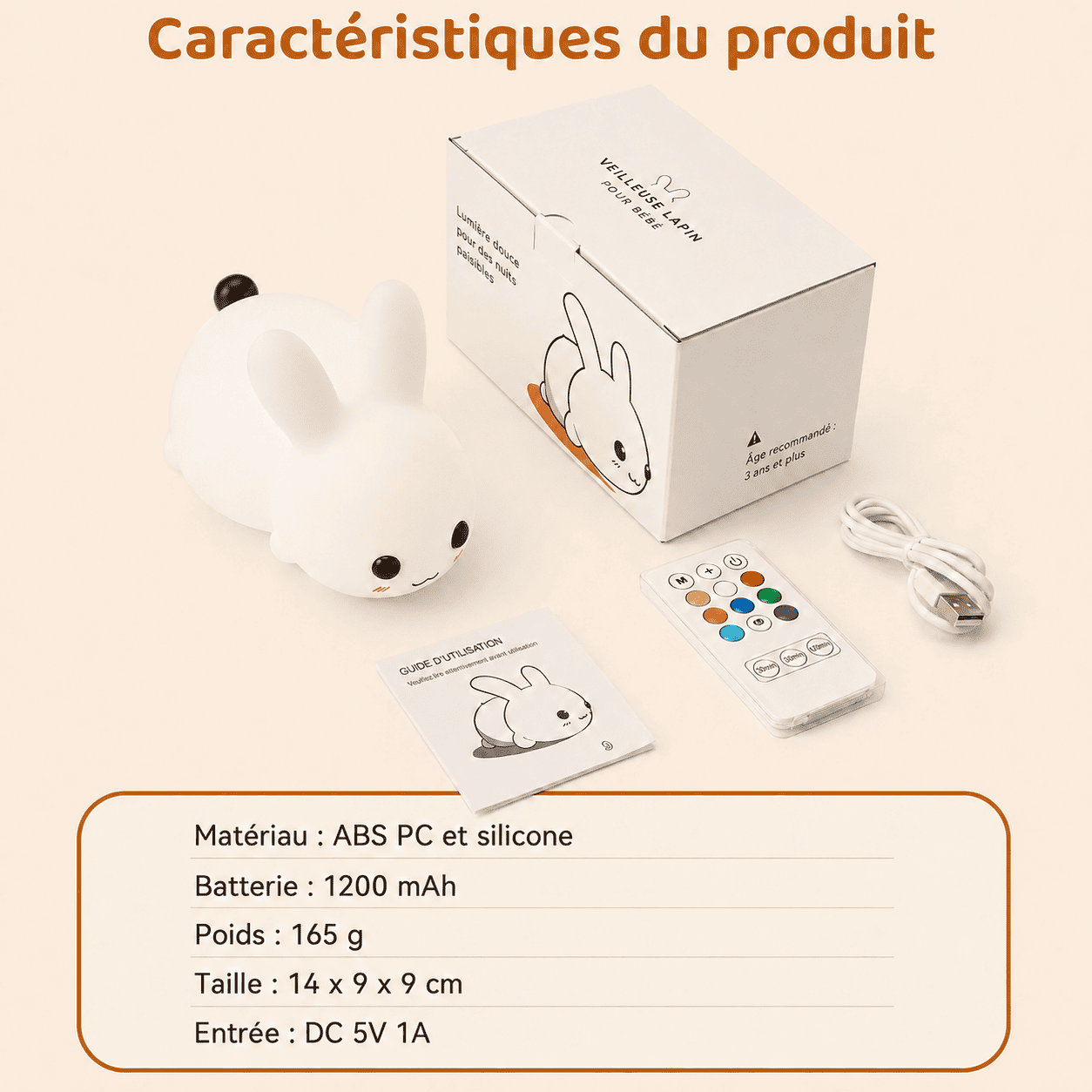 Veilleuse bébé lapin avec informations produit tel que la taille, l'entrée, les matériaux, la boîte - mylumiz.com