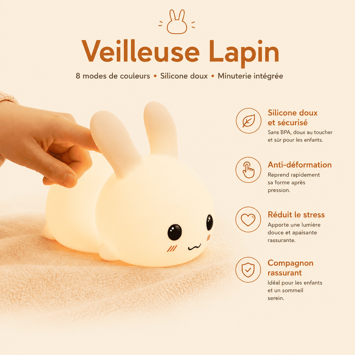 Veilleuse bébé lapin en silicone, minuterie, anti déformation - mylumiz.com