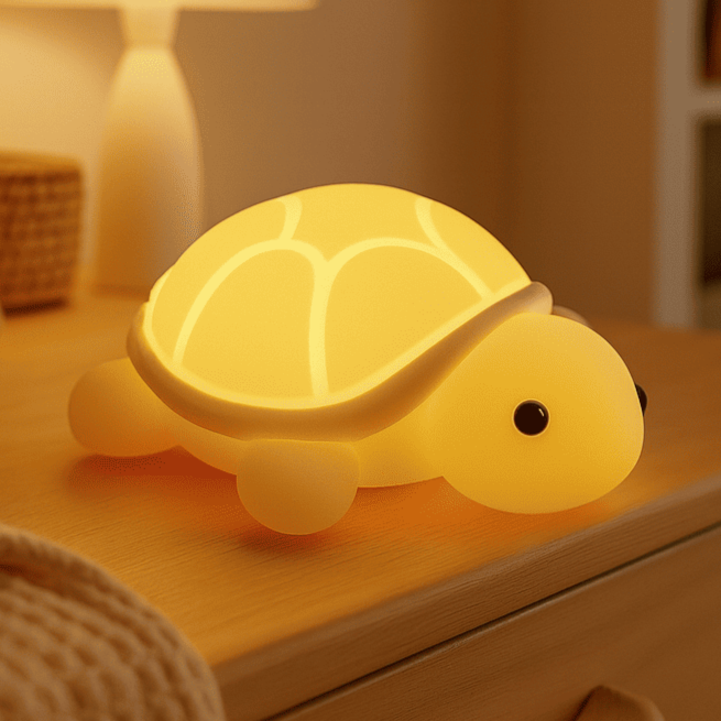 Veilleuse bébé tortue sur un meuble avec une lumière chaude