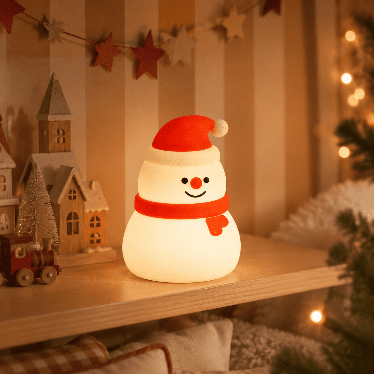 Mini veilleuse bonhomme de neige allumée dans une chambre d’enfant de Noël