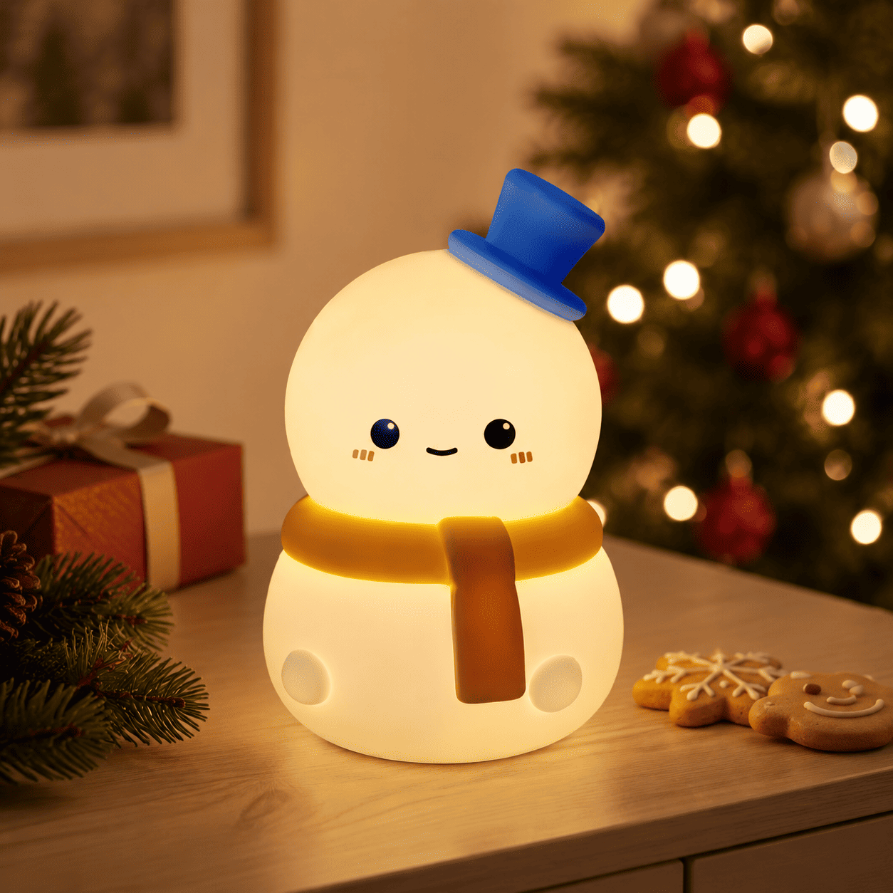 Veilleuse bonhomme de neige sur une table de chevet décorée pour Noël