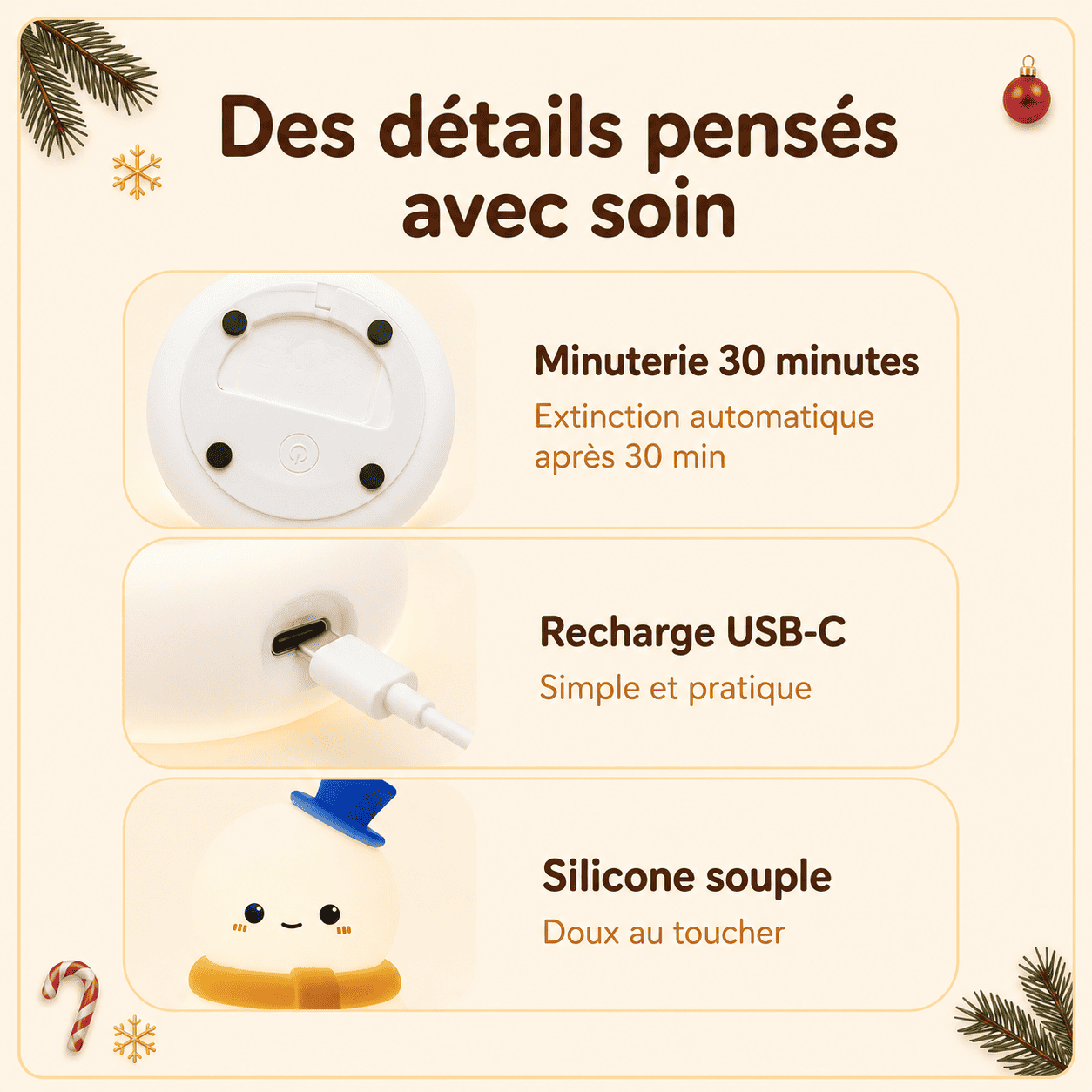 Minuterie, recharge USB-C et silicone souple de la veilleuse