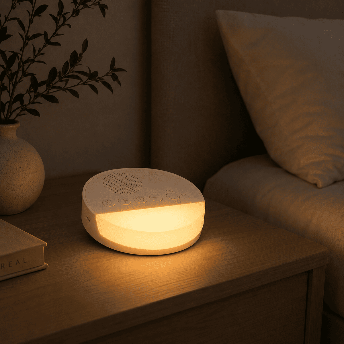 Veilleuse Bruit Blanc Adulte sur une table de chevet dans une chambre 