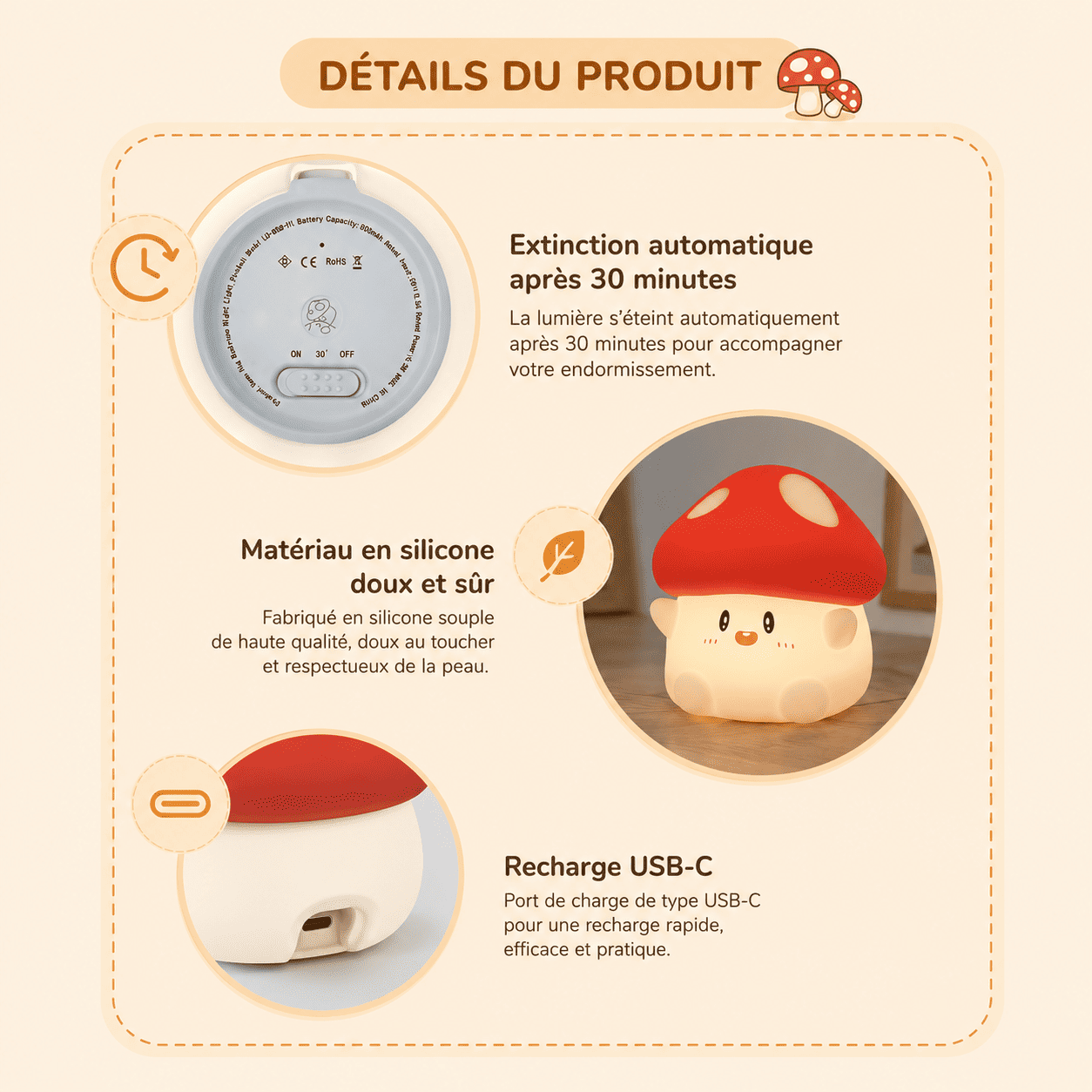 Veilleuse champignon rouge et informations sur le produit tel que silicone, recharge USB-C -mylumiz.com