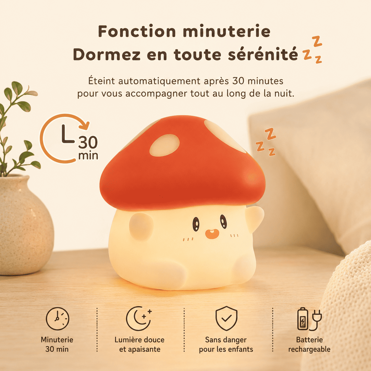 Veilleuse champignon rouge et minuterie 30 minutes, batterie rechargeable - mylumiz.com