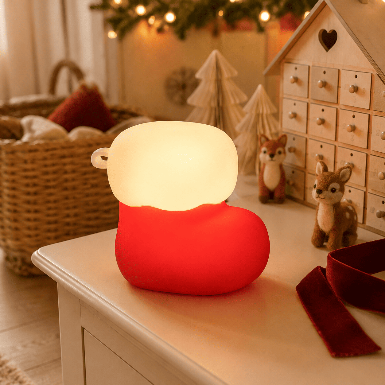 Mini veilleuse chaussette allumée dans une chambre d’enfant de Noël