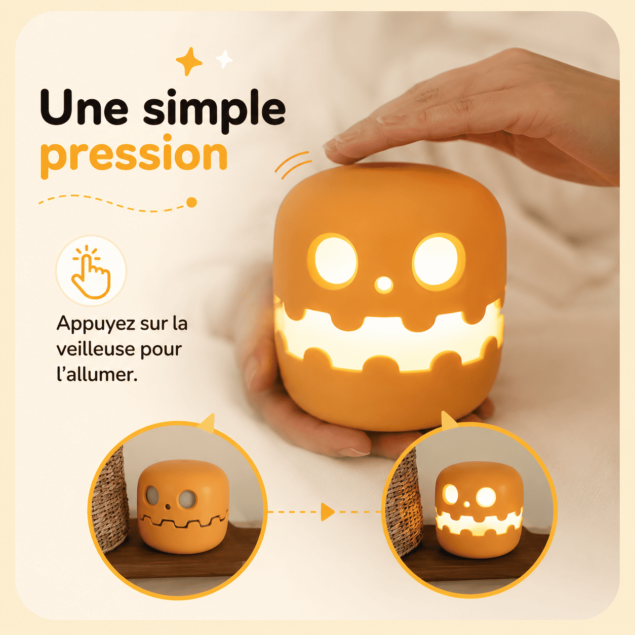 Main appuyant sur la veilleuse orange pour l’allumer