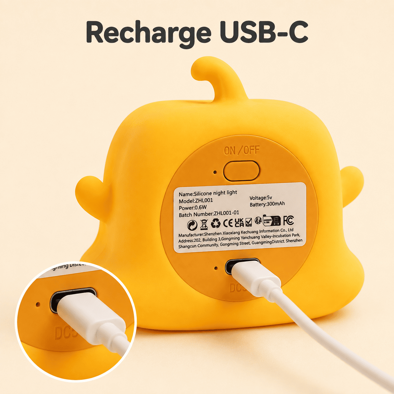 Dos de la veilleuse avec fixation aimantée, minuterie et port USB-C