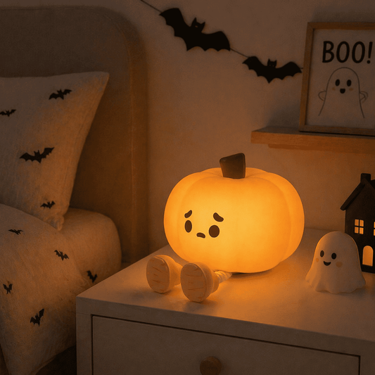 Veilleuse Citrouille d'halloween dans une chambre d'enfant sur table de chevet