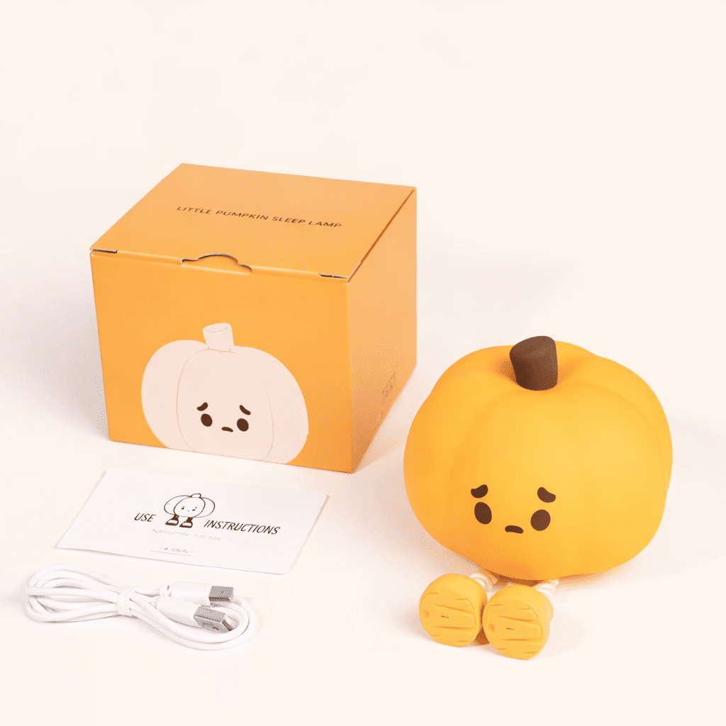 Veilleuse Citrouille d'halloween avec boîte, notice d'utilisation et câble USB