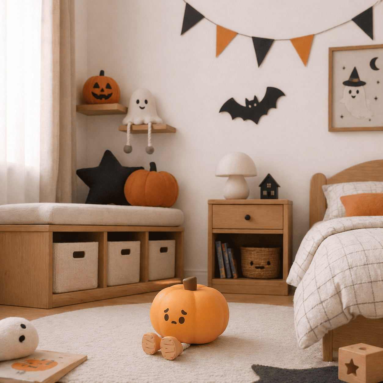 Veilleuse Citrouille d'halloween éteinte dans une chambre d'enfant posé sur le sol