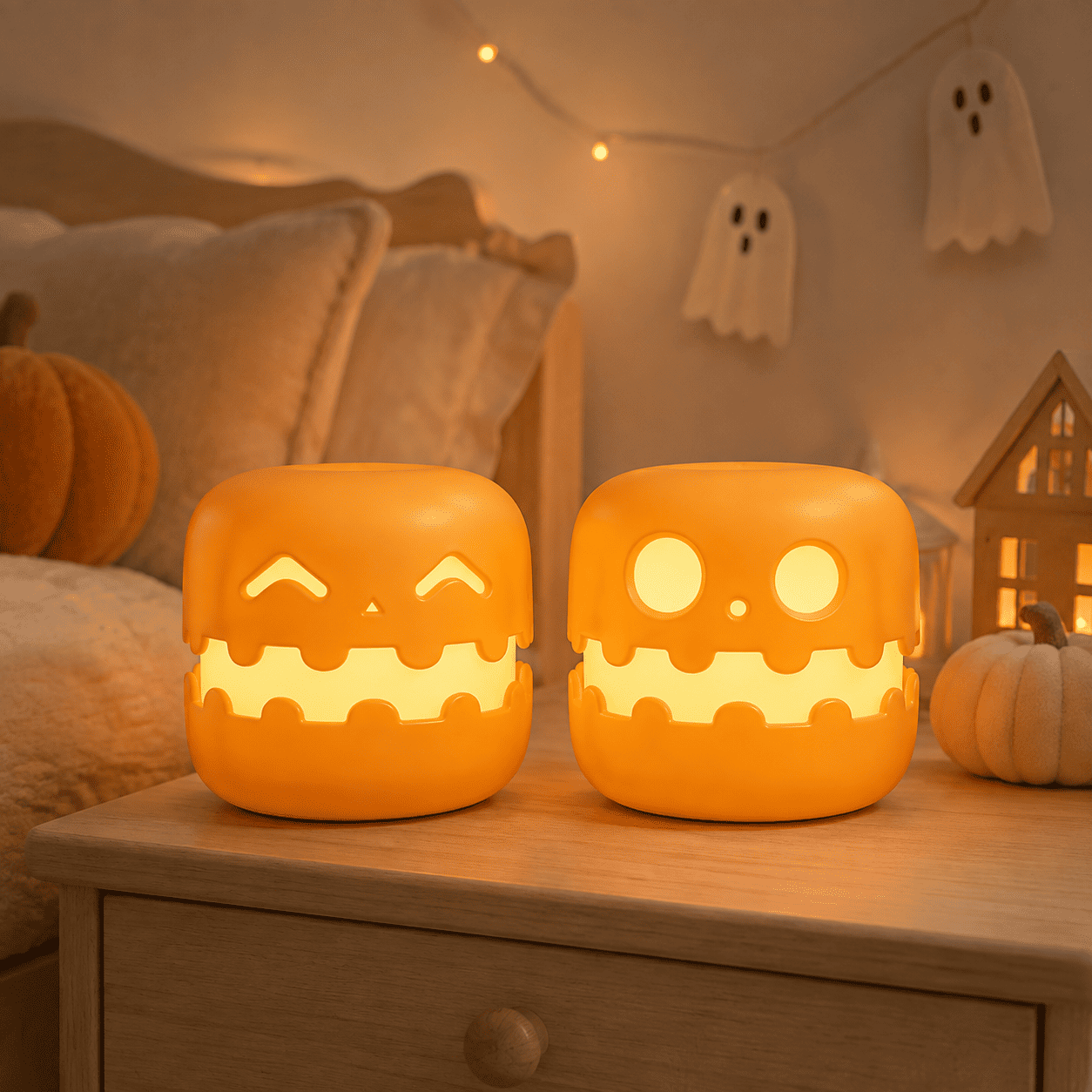 Deux veilleuses citrouille orange dans une chambre d’enfant décorée pour Halloween