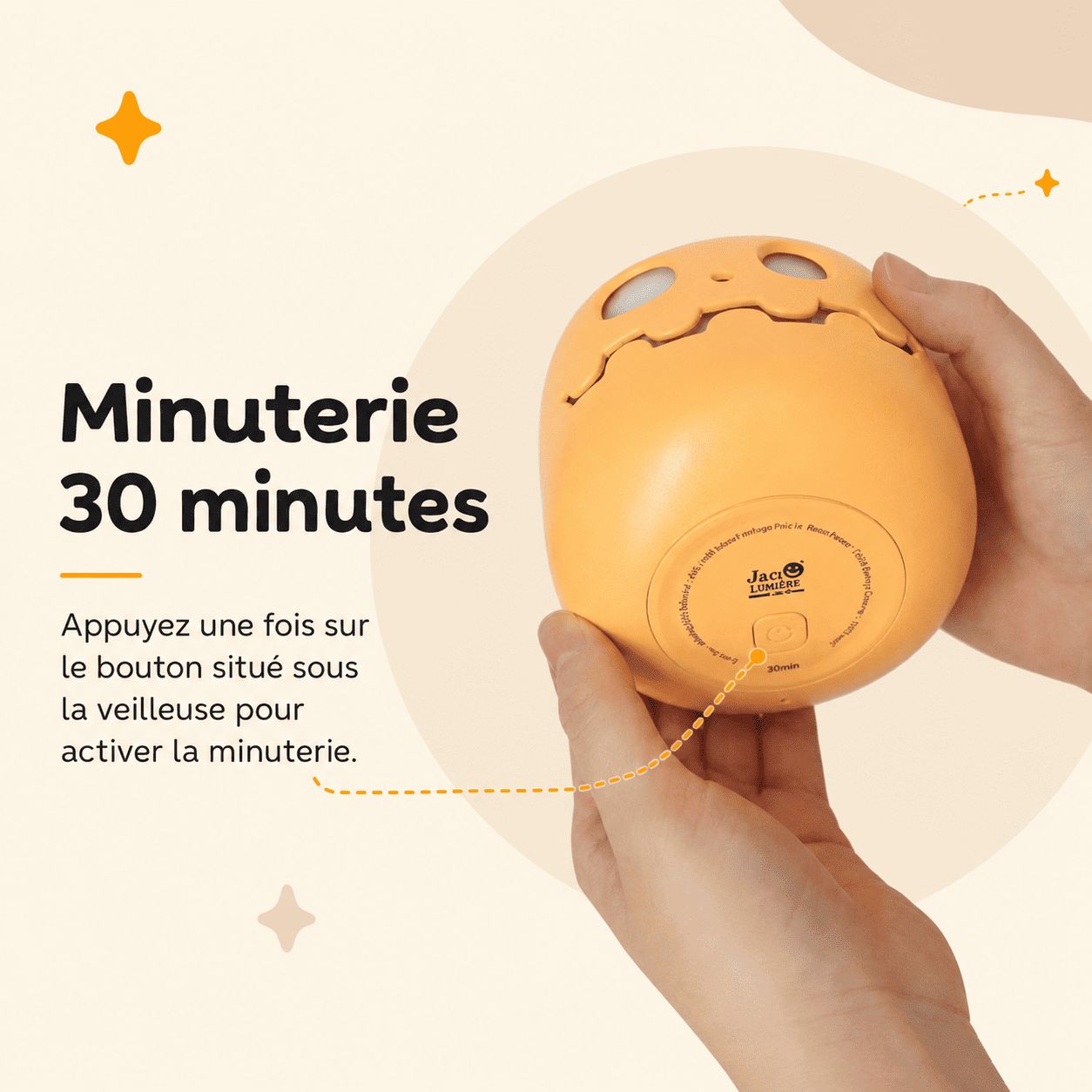 Bouton de minuterie 30 minutes situé sous la veilleuse