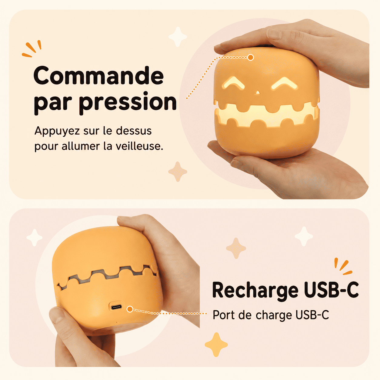 Commande par pression et port de charge USB-C de la veilleuse