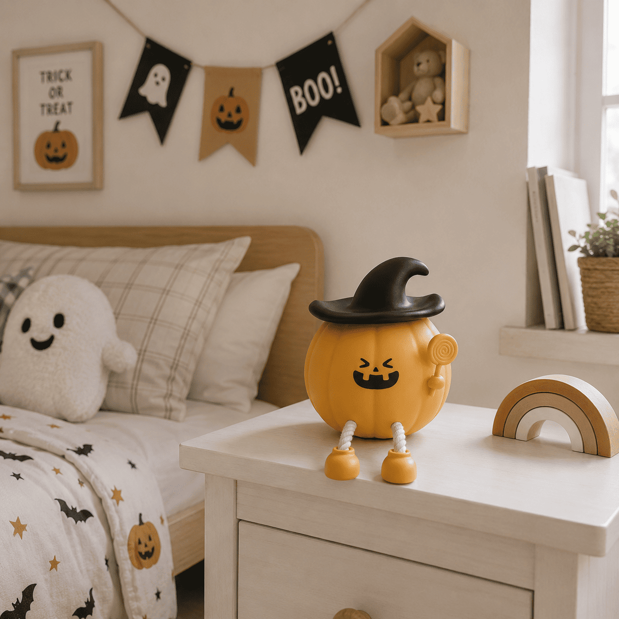 Veilleuse halloween avec chapeau de sorcière éteinte sur table de chevet e jour 