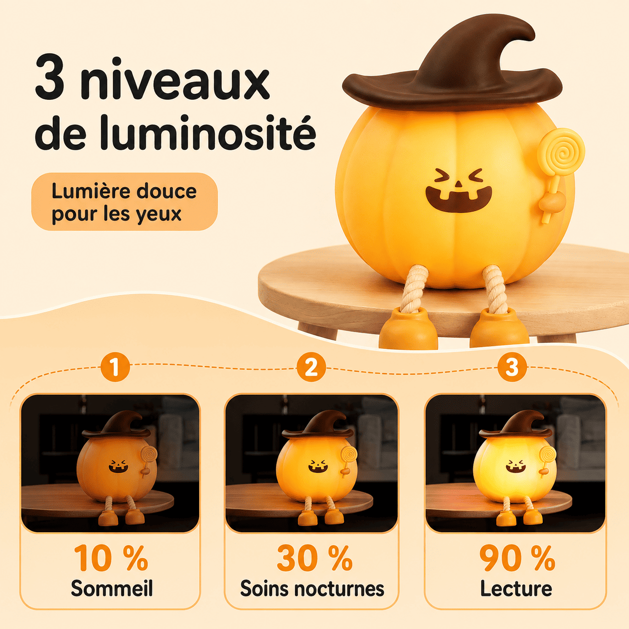 Trois niveaux de luminosité de la veilleuse citrouille