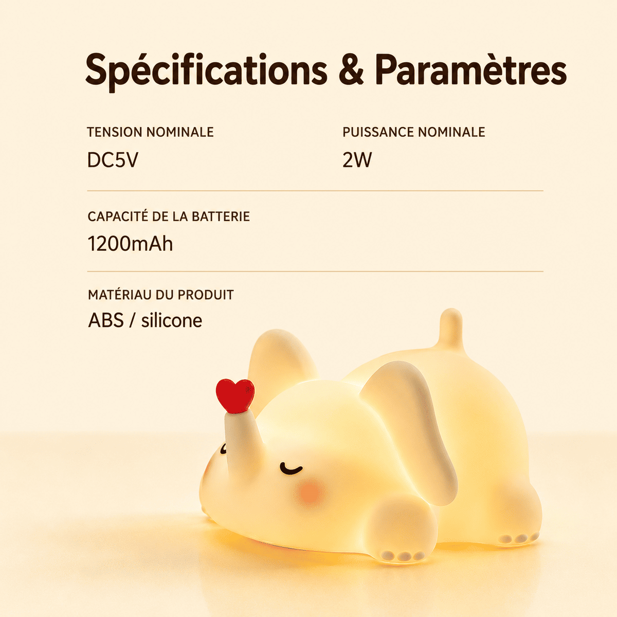 veilleuse éléphant LED avec capacité de la batterie et matériaux - mylumiz.com